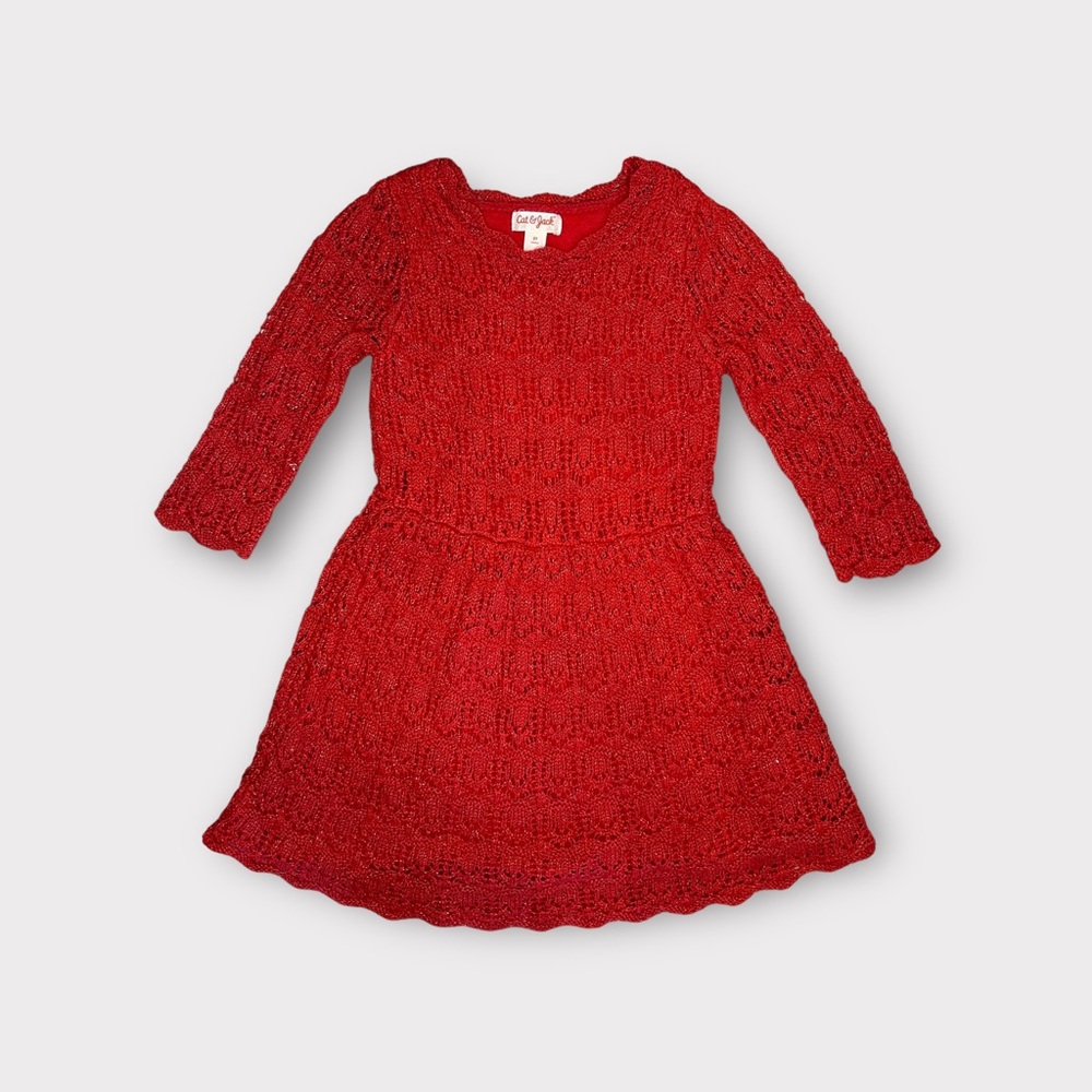 Cat & Jack Red Crochet Knit Long Sleeve Dress